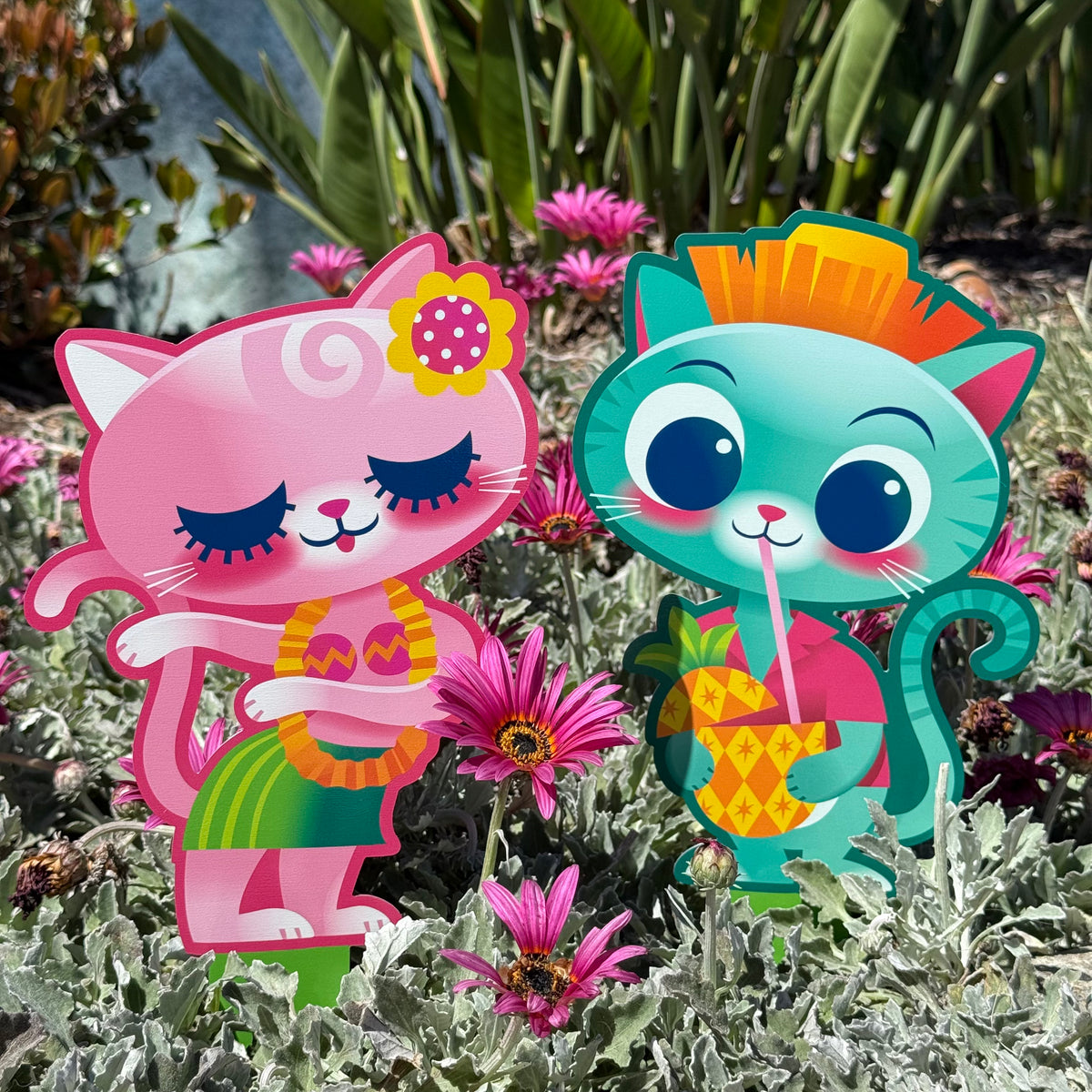 Jeff Granito's 'Tropical Spring Cats' Metal Yard Stakes Set of TWO
