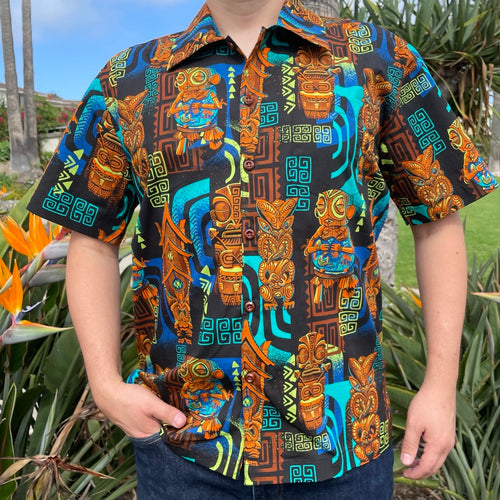 TikiLand Trading Co. 'The Four Tikis' -  Classic Aloha Button Up-Shirt - Unisex - by Doug Horne, BigToe, Atomikitty, Thor, Jeff Granito - Ready to Ship!