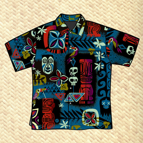 Jeff Granito's 'Blue Tiki Safari' - Classic Aloha Button Up-Shirt - Unisex - Ready to Ship!