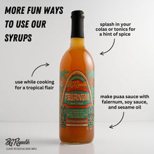 BG Reynolds Falernum Tropical Cocktail Syrup bottle, featuring vibrant tropical design and usage suggestions for cocktails and cooking.