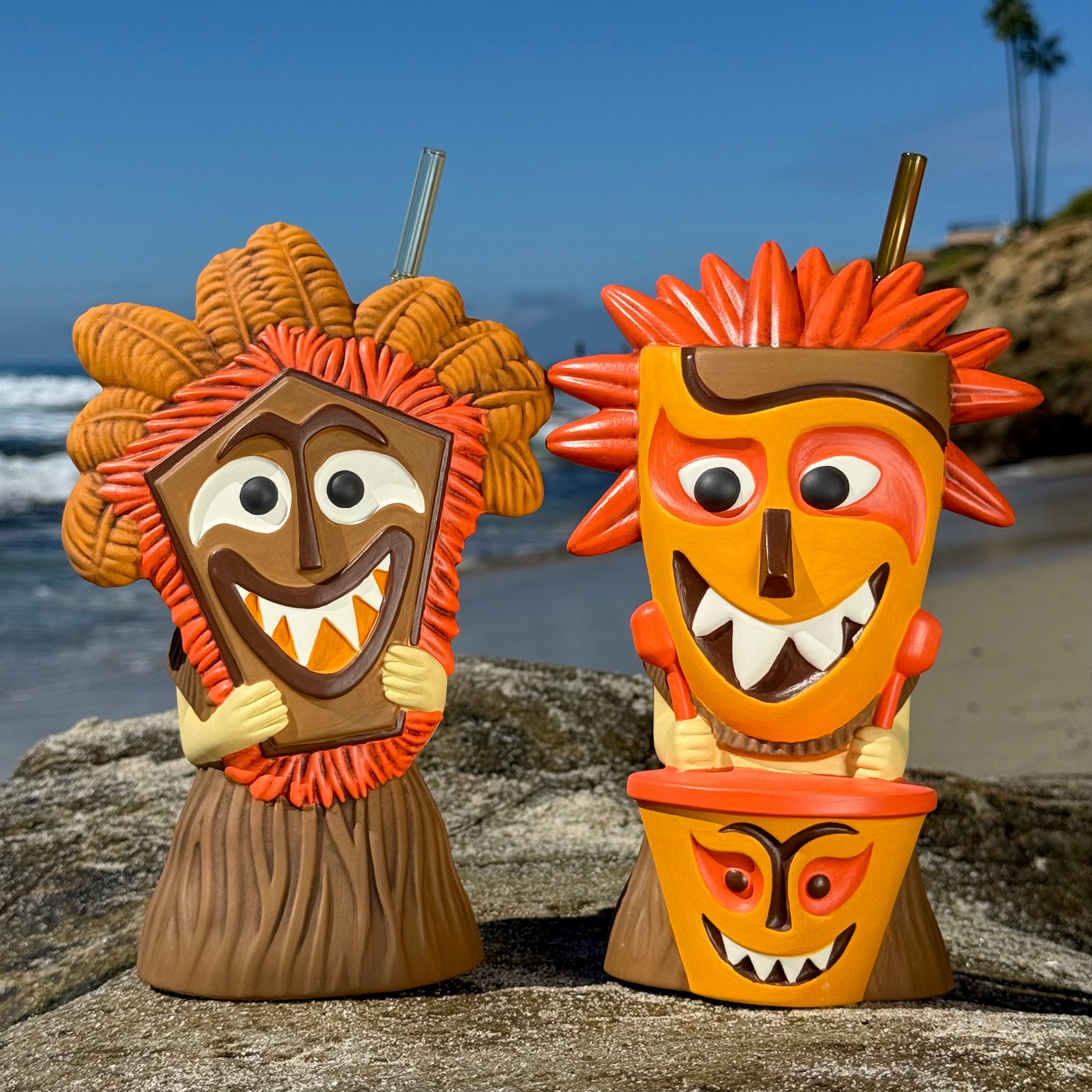 Hula World: Beach (Tiki Drummer + Mask Dancer) - Ceramic Tiki Mugs