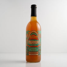 BG Reynolds Falernum Tropical Cocktail Syrup in a decorative bottle with palm trees and tiki motifs, perfect for cocktails.