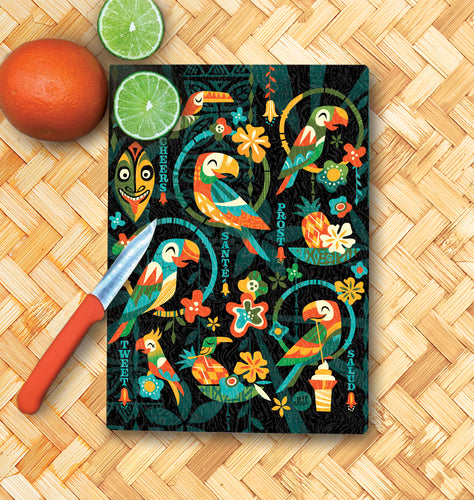 Jeff Granito's 'Birds Singing Words' Glass Cutting Board - Rolling Pre-Order / Ready to Ship!