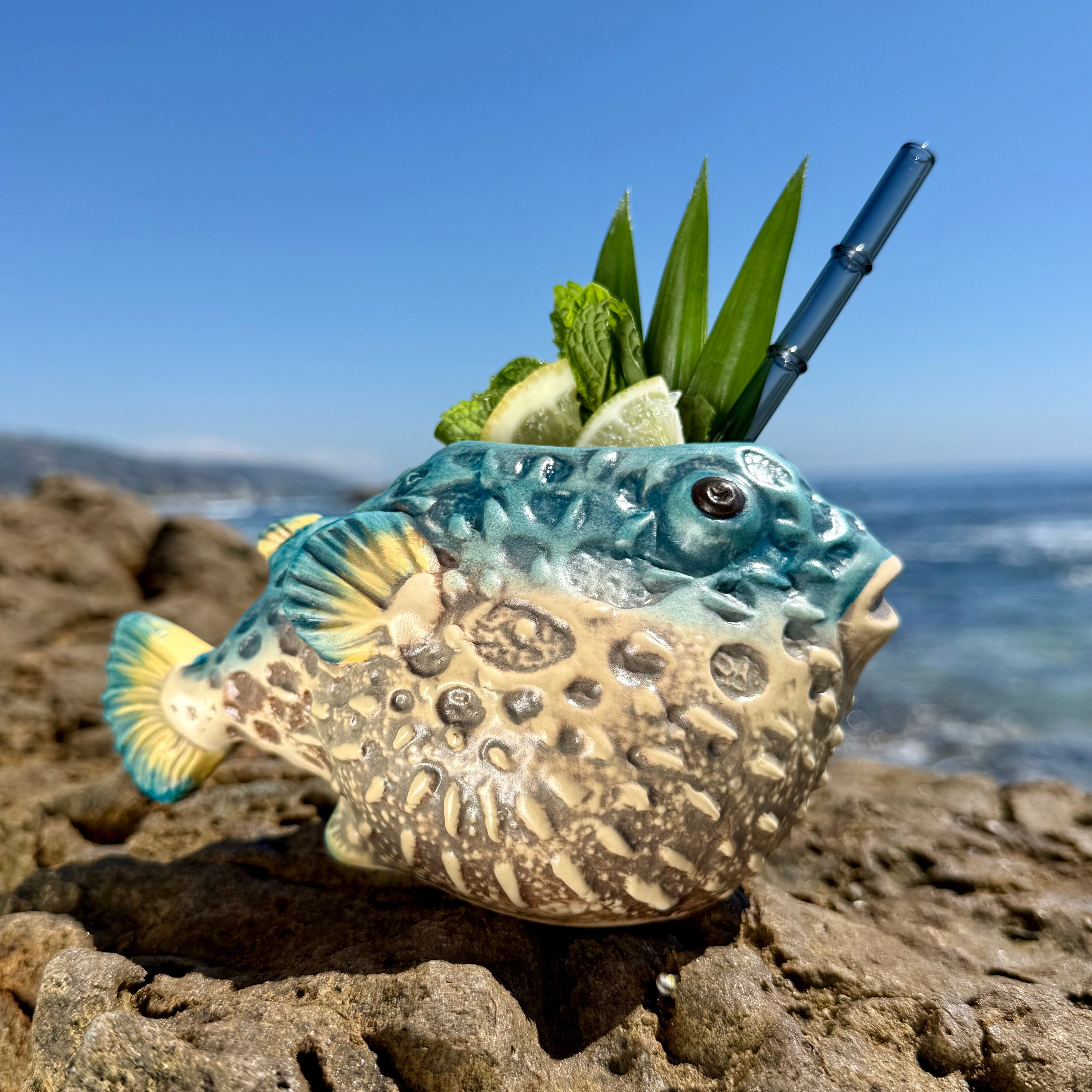 Lost's Petrified Puffer (Ocean Blue) - Ceramic Tiki Mug, sculpt by