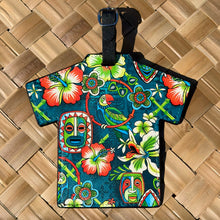 Vibrant Aloha luggage tag with floral and tiki designs, featuring a strap and a space for personal details.