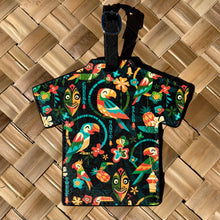 Vibrant aloha luggage tag featuring colorful bird designs, faux leather, buckle closure, and space for personal details.