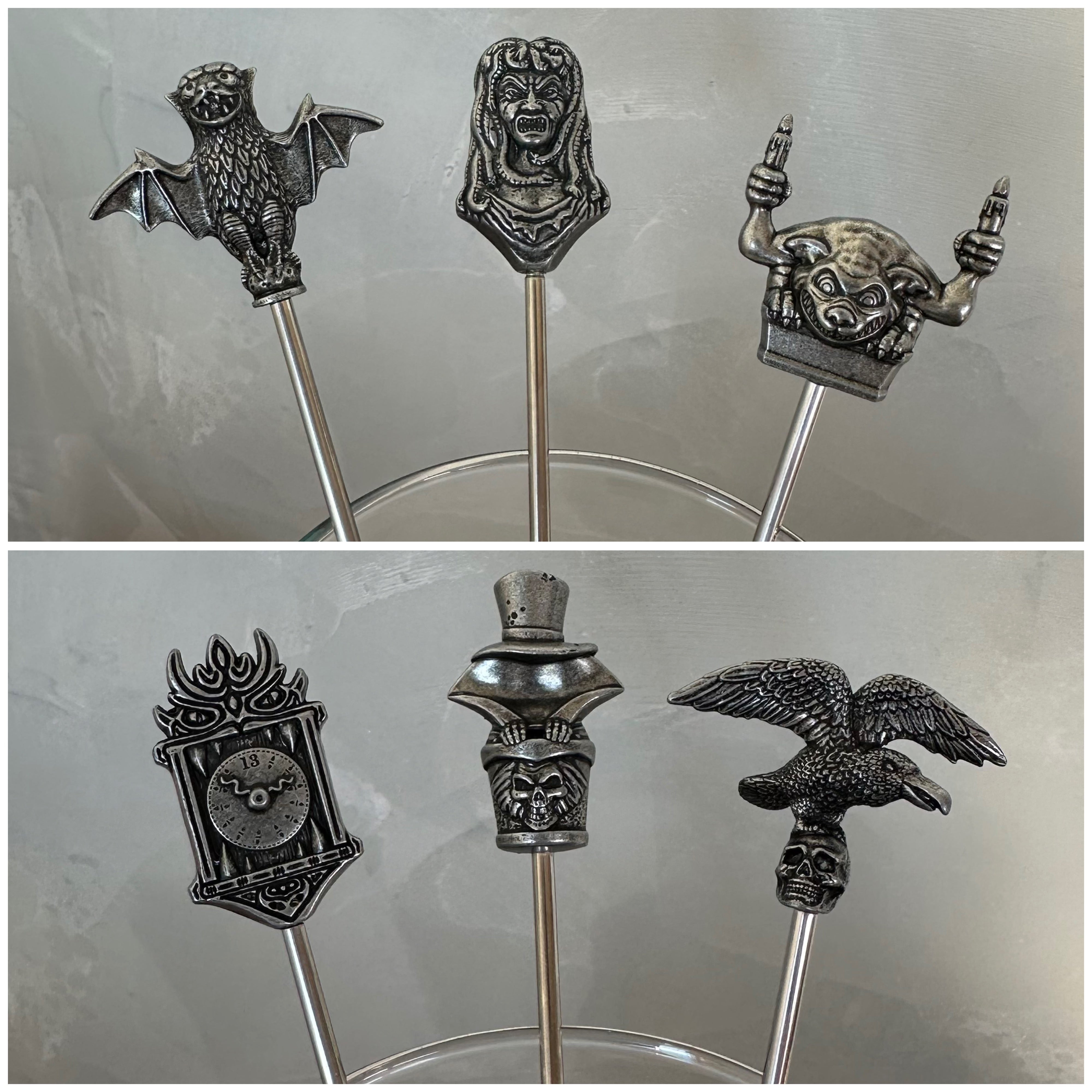 ドイツ製、純銀(925S) スウィズル・スティック : ヴィンテージ Thor's 'Haunted' Sculpted Metal Swizzle Sticks - Set of Six (6
