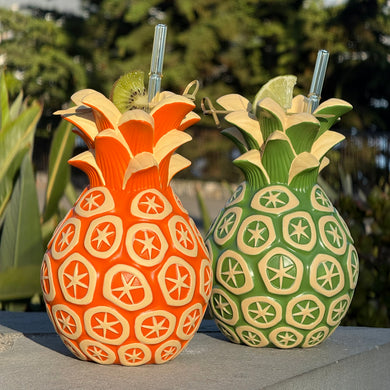 Jeff Granito's Atomic Pineapple (Papaya-orange + Palm-green) - Ceramic Tiki Mugs - Limited Edition / Limited Time Pre-Order (FREE Shipping in U.S.)