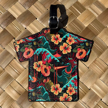 Vibrant 'Rumzilla' Aloha luggage tag with floral design, faux leather, 5.5\" H x 6\" W, strap with buckle closure.