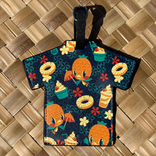 Vibrant pineapple bird luggage tag featuring colorful tropical designs and a strap for easy identification.