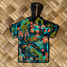 Colorful Aloha luggage tag featuring vibrant tropical print, measuring 5.5\" H x 6\" W with strap and buckle.