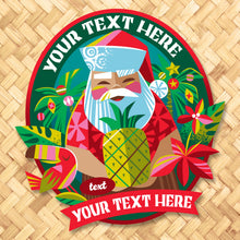Personalized 'Mele Kalikimaka' metal sign by Jeff Granito, featuring tropical imagery and customizable text areas.
