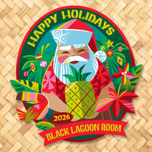 Personalized metal sign featuring festive Santa with pineapple, tropical decorations, and customizable text options