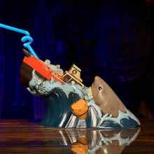 Ceramic Tiki Mug featuring a shark and sinking ship design, perfect for cocktail enthusiasts and collectors.