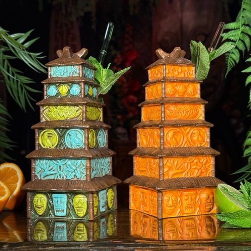 Enchanted Tiki Pagoda (Green/Blue + Orange) - Ceramic Tiki Mugs - Limited Edition / Limited Time Pre-Order
