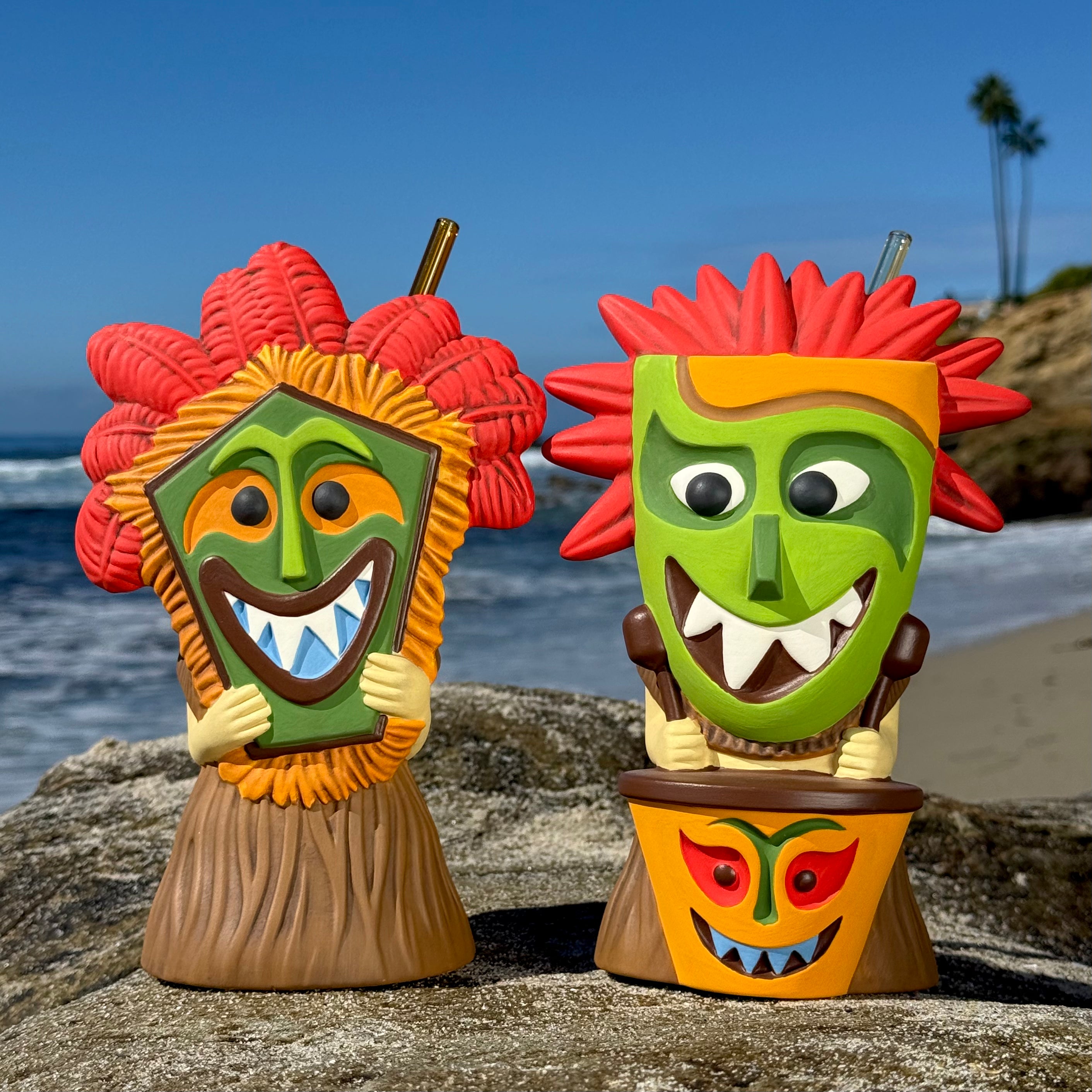 Hula World: Jungle (Tiki Drummer + Mask Dancer) - Ceramic Tiki