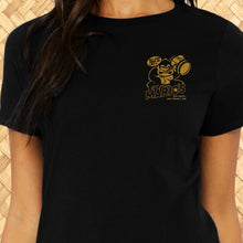 Black women's tee featuring retro artwork of Mario's Rum Barrel and Fireball Bar by Jeff Granito.