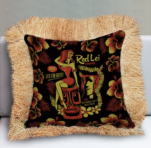 Jeff Granito's 'Red Lei Lounge' Fringe Pillow Cover - Ready to Ship! (FREE SHIPPING in U.S.)