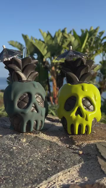 2024.08.10 PRODUCT Jeff Granitos Poison Pineapple Twilight Teal and Apple Green Tiki Mugs — Instagram C-gUM1_S5dU
