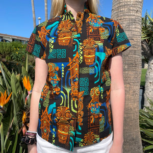 TikiLand Trading Co. 'The Four Tikis' - Classic Aloha Button Up-Shirt - Womens - by Doug Horne, BigToe, Atomikitty, Thor, Jeff Granito - Ready to Ship!