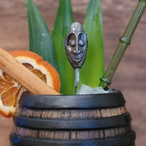 TikiLand Trading Co.'s 'PNG Mask' Sculpted Metal Swizzle Stick, Sculpted by Thor - Ready-To-Ship!