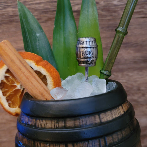 TikiLand Trading Co.'s 'Rum Barrel' Sculpted Metal Swizzle Stick, Sculpted by Thor - Ready-To-Ship!