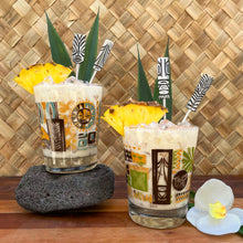 TikiLand Trading Co. - 'Heritage Lagoon' Mai Tai Glasses (2) and Sculpted Metal Tiki Swizzles (4) Set - Ready to Ship!