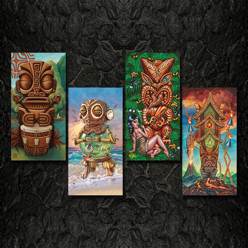 TikiLand Trading Co. 'The Four Tikis' 12 X 24 Gallery Canvas Giclee Set (4) by Doug Horne, BigToe, Atomikitty, Thor