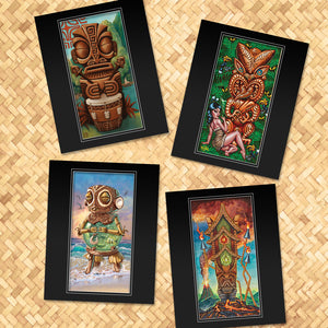 TikiLand Trading Co. 'The Four Tikis' 11X14 Matted Print Set (4) by  Doug Horne, BigToe, Atomikitty, Thor - Ready to Ship