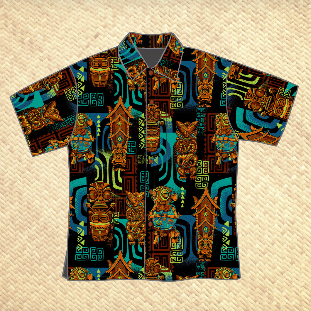 TikiLand Trading Co. 'The Four Tikis' -  Classic Aloha Button Up-Shirt - Unisex - by Doug Horne, BigToe, Atomikitty, Thor, Jeff Granito - Ready to Ship!