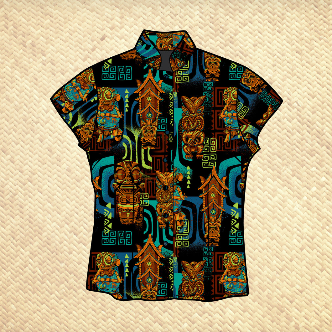 TikiLand Trading Co. 'The Four Tikis' - Classic Aloha Button Up-Shirt - Womens - by Doug Horne, BigToe, Atomikitty, Thor, Jeff Granito - Ready to Ship!