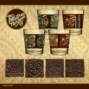 Tikiland Trading Co. ‘Expressions of the South Pacific’ - Mai Tai Glasses (4) + Coasters (4) Set - Ready to Ship!