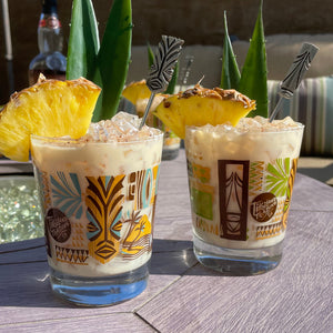 TikiLand Trading Co. - 'Heritage Lagoon' Mai Tai Glasses (2) and Sculpted Metal Tiki Swizzles (4) Set - Ready to Ship!